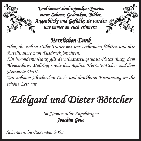 Traueranzeige von Edelgard und Dieter Böttcher von Volksstimme Burg/Genthin