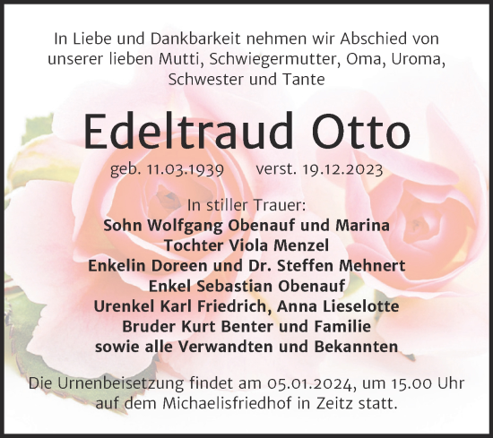 Traueranzeige von Edeltraud Otto von Trauerkombi Zeitz