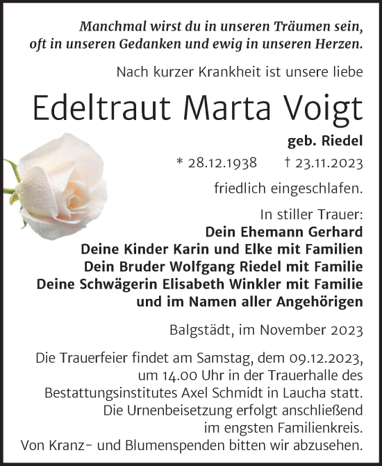 Traueranzeige von Edeltraut Marta Voigt von Naumburger Tageblatt