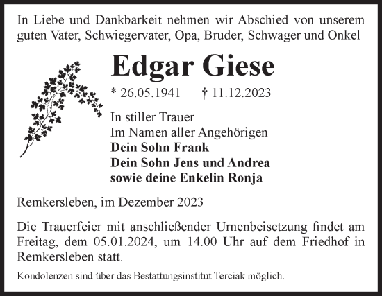 Traueranzeige von Edgar Giese von Volksstimme Magdeburg