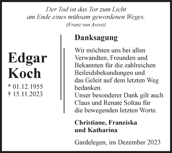 Traueranzeige von Edgar Koch von Volksstimme Altmark West
