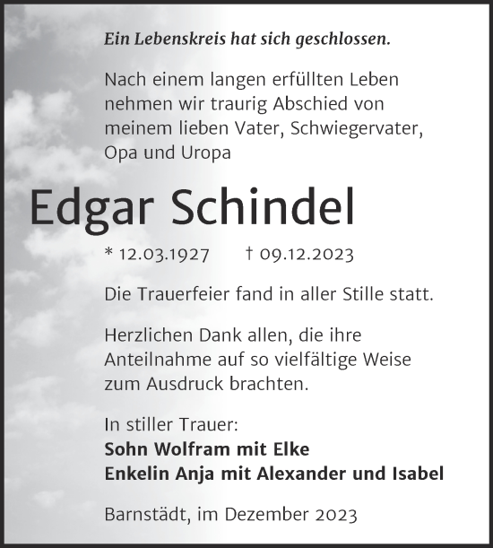 Traueranzeige von Edgar Schindel von Trauerkombi Merseburg