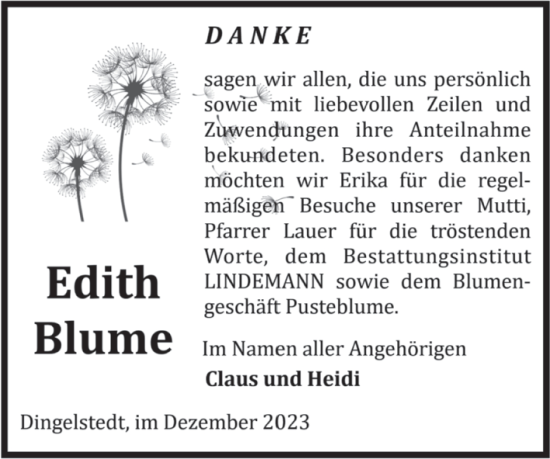 Traueranzeige von Edith Blume von Volksstimme Halberstadt