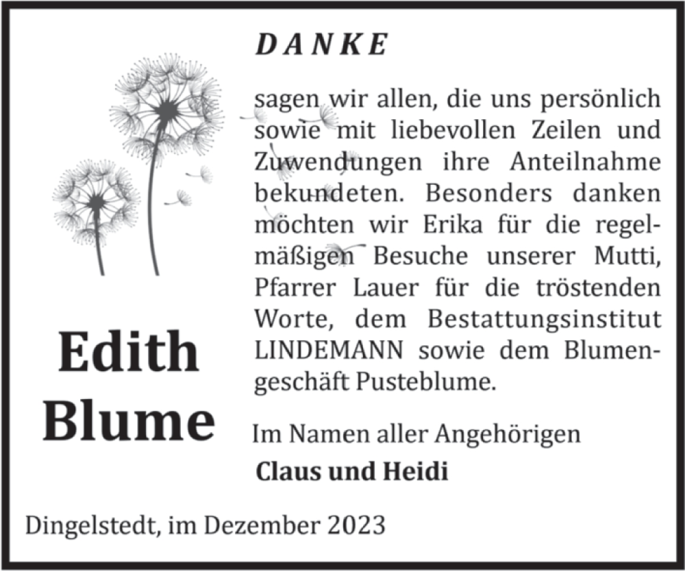  Traueranzeige für Edith Blume vom 23.12.2023 aus Volksstimme Halberstadt