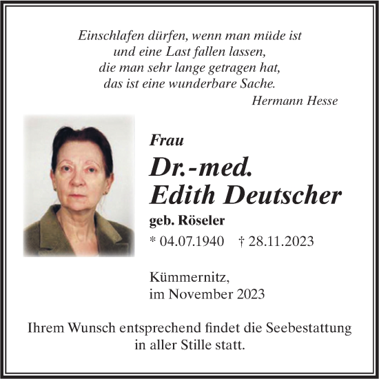 Traueranzeige von Edith Deutscher von Volksstimme Altmark Ost