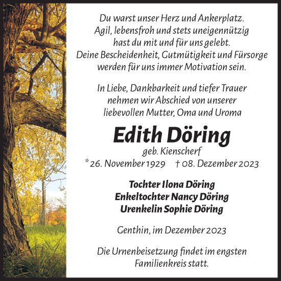 Traueranzeige von Edith Döring von Volksstimme Burg/Genthin