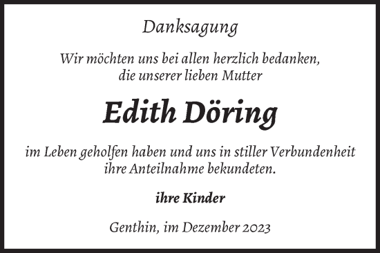 Traueranzeige von Edith Döring von Volksstimme Burg/Genthin