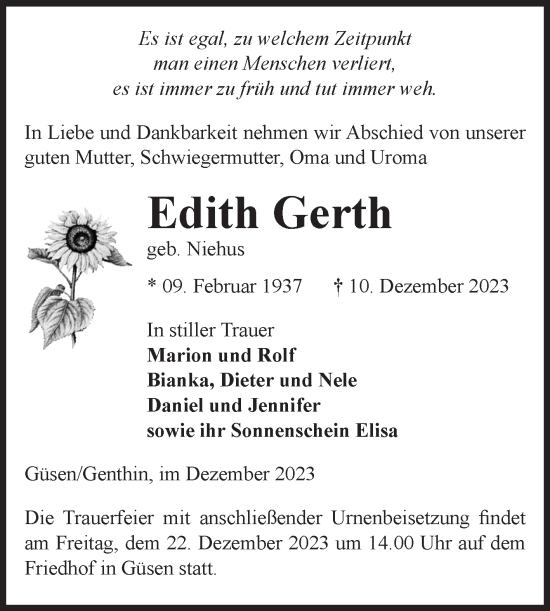 Traueranzeige von Edith Gerth von Volksstimme Burg/Genthin