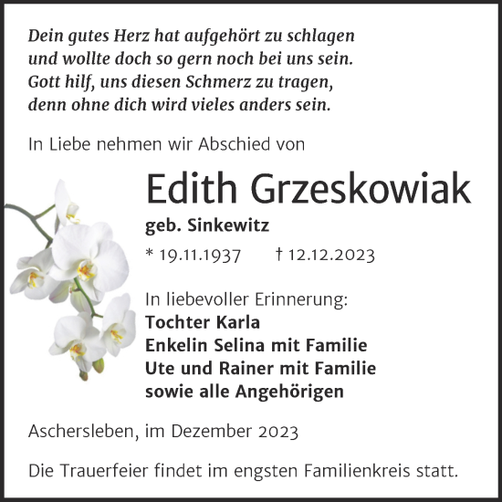 Traueranzeige von Edith Grzeskowiak von Trauerkombi Aschersleben