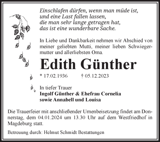 Traueranzeige von Edith Günther von Volksstimme Magdeburg