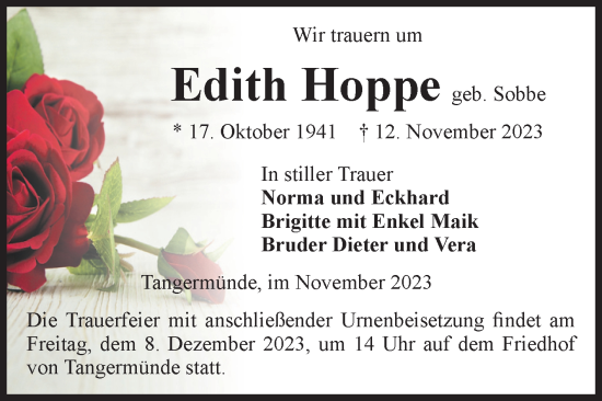 Traueranzeige von Edith Hoppe von Volksstimme Altmark Ost