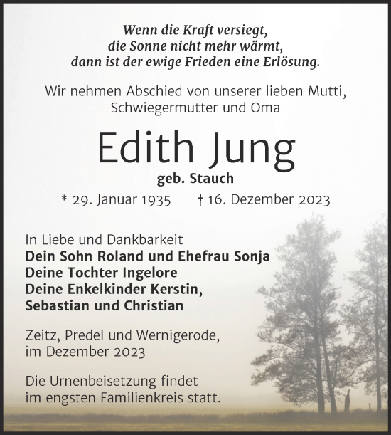 Traueranzeige von Edith Jung von Trauerkombi Zeitz
