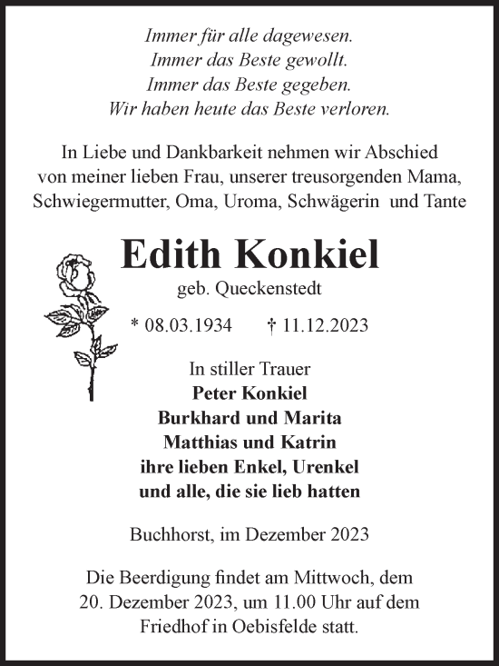 Traueranzeige von Edith Konkiel von Volksstimme Altmark West