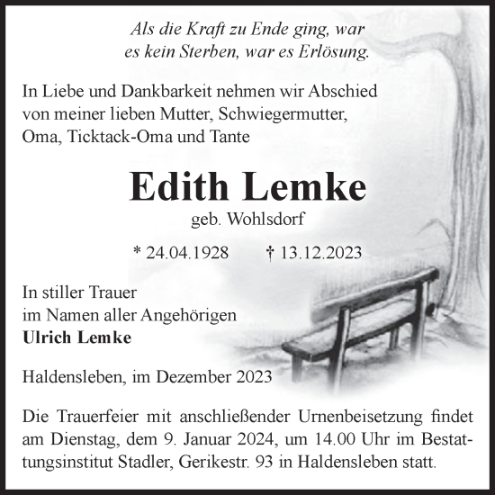 Traueranzeige von Edith Lemke von Volksstimme Haldensleben/Wolmirstedt