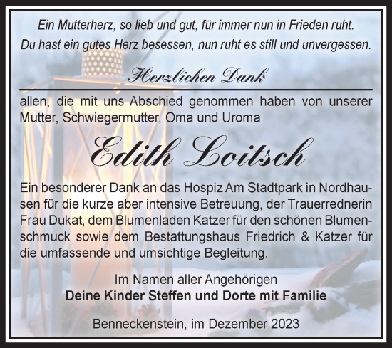 Traueranzeige von Edith Loitsch von Volksstimme Wernigerode