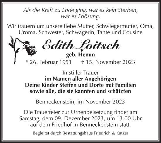 Traueranzeige von Edith Loitsch von Volksstimme Wernigerode