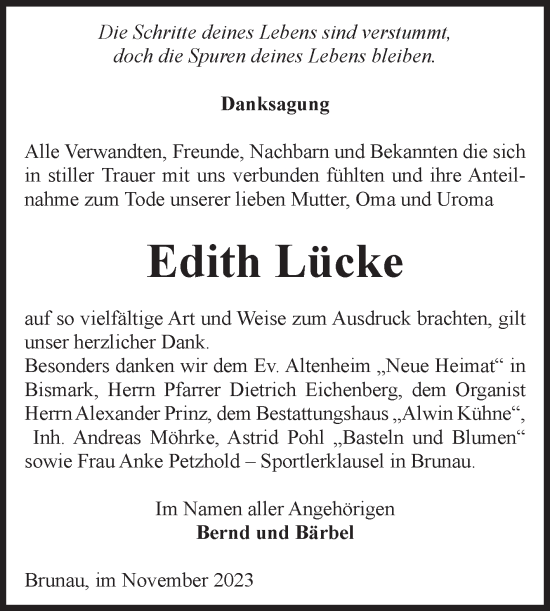 Traueranzeige von Edith Lücke von Volksstimme Altmark West