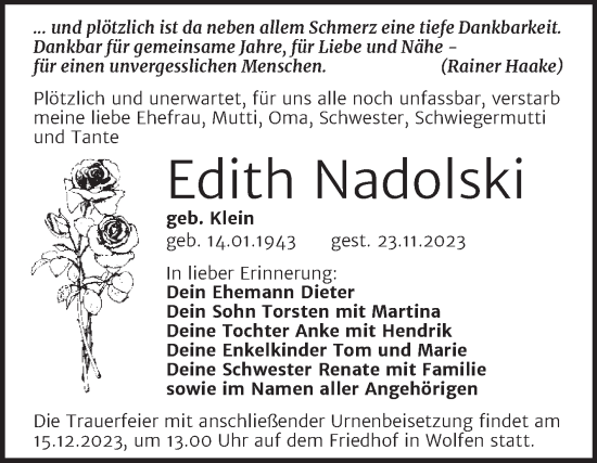 Traueranzeige von Edith Nadolski von Trauerkombi Bitterfeld