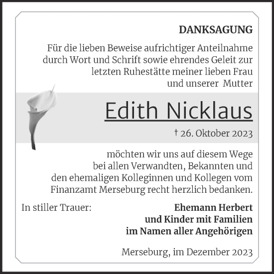 Traueranzeige von Edith Nicklaus von Trauerkombi Merseburg