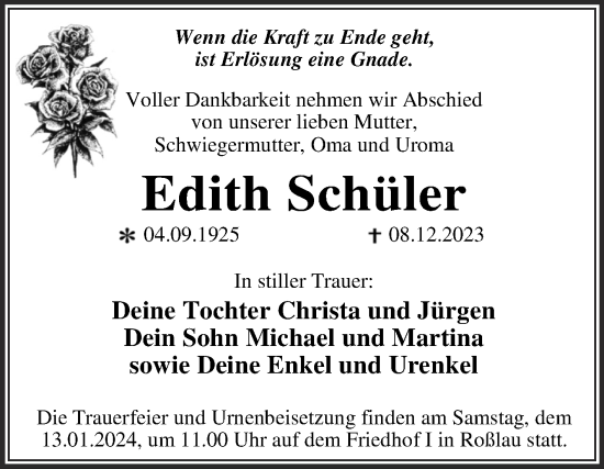Traueranzeige von Edith Schüler von Trauerkombi Dessau