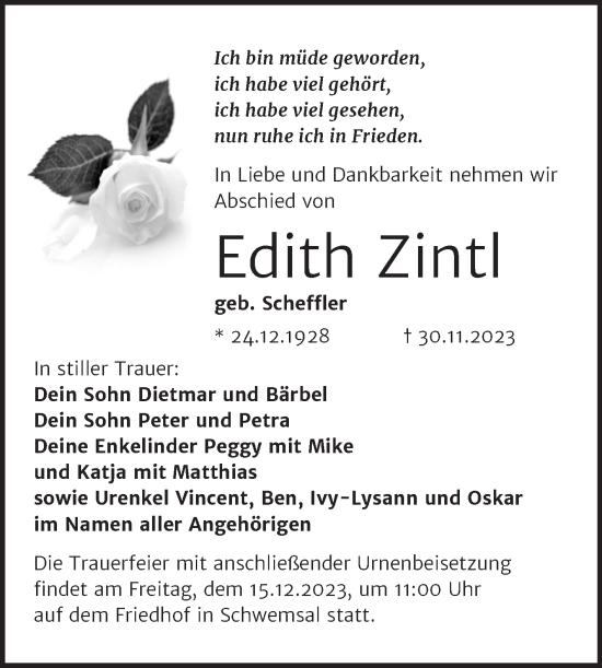 Traueranzeige von Edith Zintl von Trauerkombi Bitterfeld