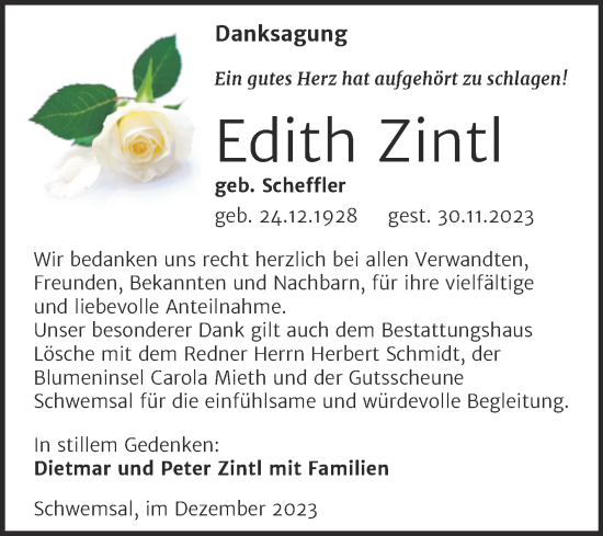 Traueranzeige von Edith Zintl von Trauerkombi Bitterfeld