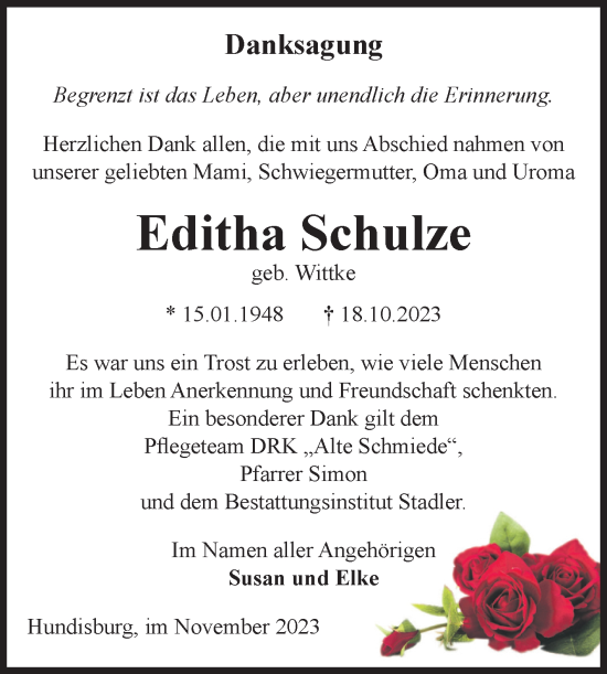 Traueranzeige von Editha Schulze von Volksstimme Haldensleben/Wolmirstedt