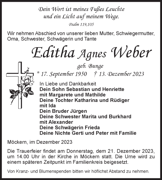 Traueranzeige von Editha Agnes Weber von Volksstimme Burg/Genthin
