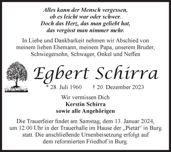 Traueranzeige von Egbert Schirra von Volksstimme Burg/Genthin