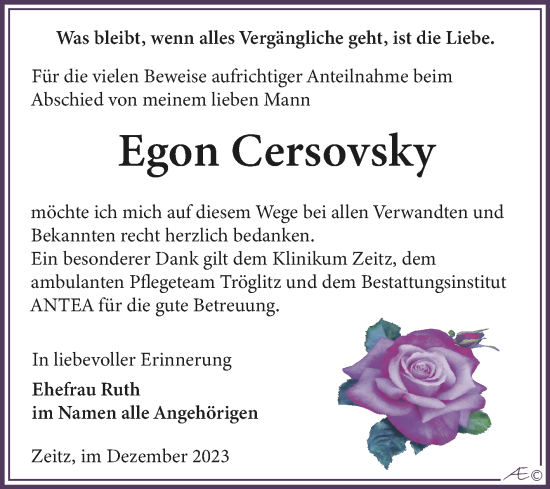 Traueranzeige von Egon Cersovsky von Trauerkombi Zeitz