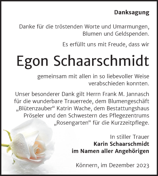 Traueranzeige von Egon Schaarschmidt von Trauerkombi Bernburg