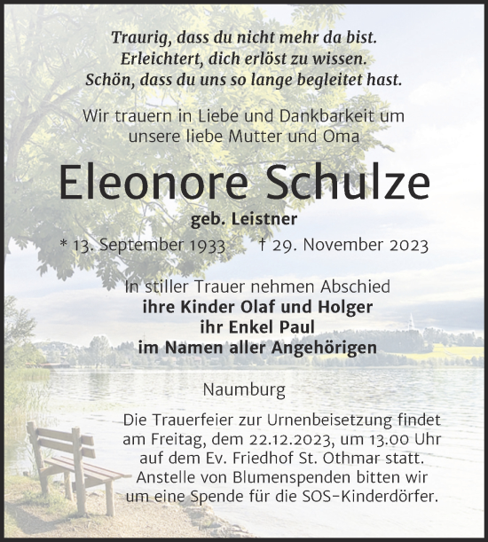 Traueranzeige von Eleonore Schulze von Wochenspiegel Naumburg/Nebra