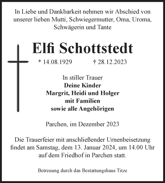 Traueranzeige von Elfi Schottstedt von Volksstimme Burg/Genthin