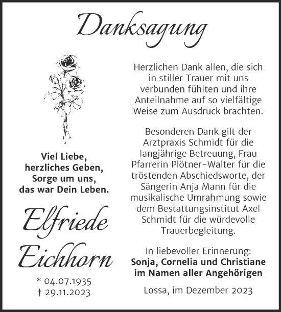Traueranzeige von Elfriede Eichhorn von Naumburger Tageblatt