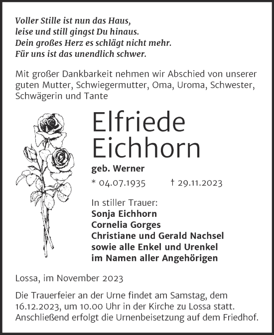 Traueranzeige von Elfriede Eichhorn von Naumburger Tageblatt