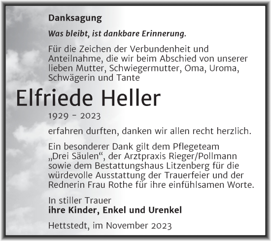 Traueranzeige von Elfriede Heller von Trauerkombi Mansfelder Land
