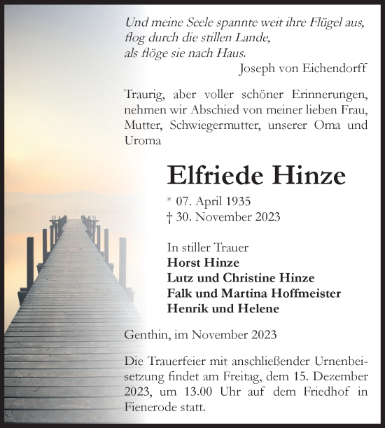 Traueranzeige von Elfriede Hinze von Volksstimme Burg/Genthin