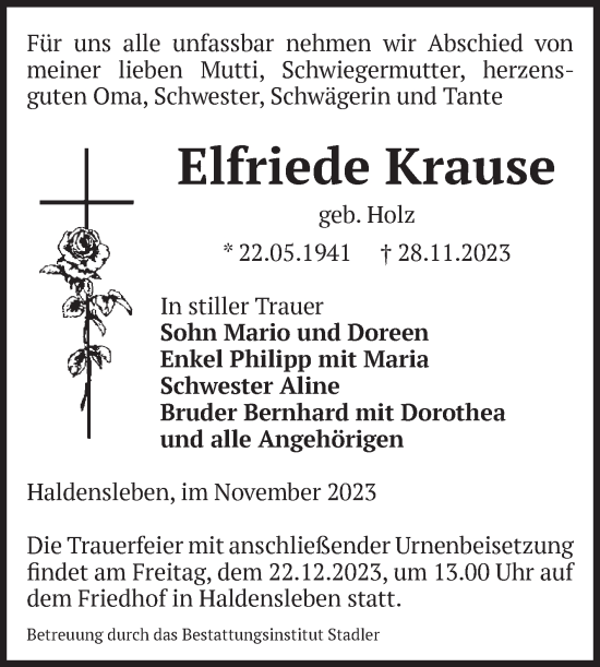 Traueranzeige von Elfriede Krause von Volksstimme Haldensleben/Wolmirstedt