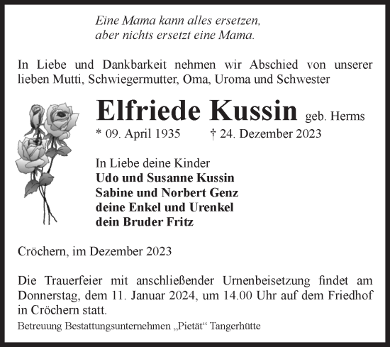 Traueranzeige von Elfriede Kussin von Volksstimme Haldensleben/Wolmirstedt