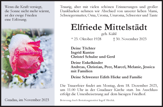 Traueranzeige von Elfriede Mittelstädt von Volksstimme Schönebeck