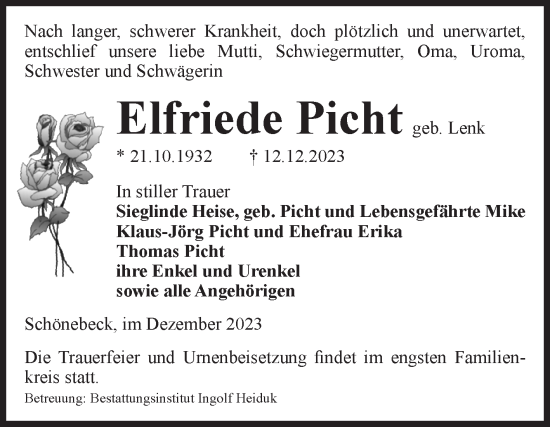 Traueranzeige von Elfriede Picht von Volksstimme Schönebeck