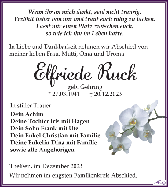 Traueranzeige von Elfriede Ruck von Trauerkombi Zeitz