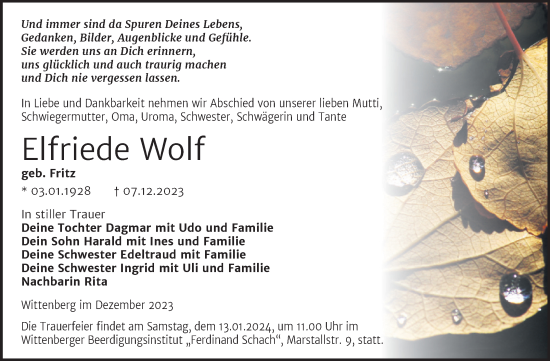 Traueranzeige von Elfriede Wolf von Trauerkombi Wittenberg
