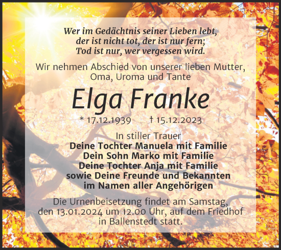 Traueranzeige von Elga Franke von Trauerkombi Quedlinburg