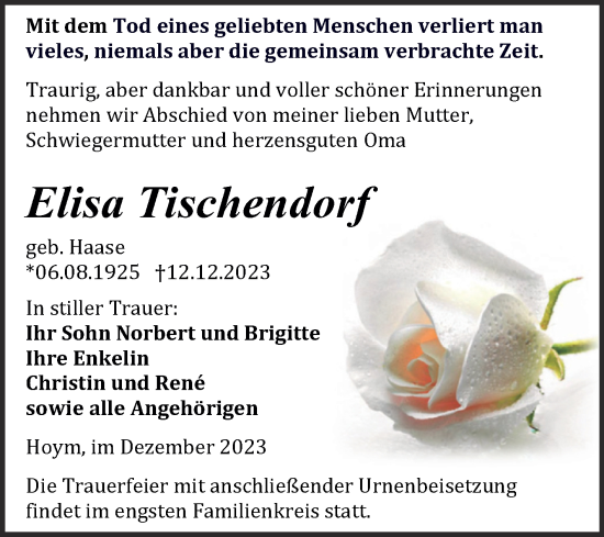 Traueranzeige von Elisa Tischendorf von Trauerkombi Aschersleben