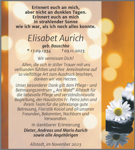 Traueranzeige von Elisabet Aurich von Trauerkombi Sangerhausen