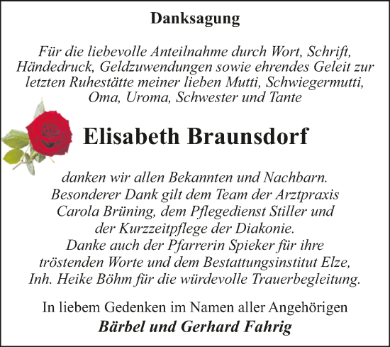 Traueranzeige von Elisabeth Braunsdorf von Trauerkombi Dessau