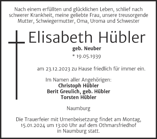 Traueranzeige von Elisabeth Hübler von Naumburger Tageblatt