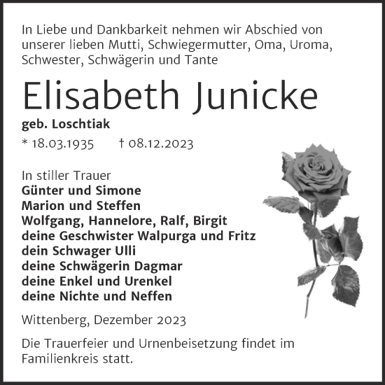 Traueranzeige von Elisabeth Junicke von Trauerkombi Wittenberg