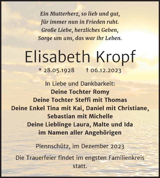Traueranzeige von Elisabeth Kropf von Trauerkombi Weißenfels